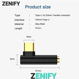 ZENIFY Black L Shape Type-C to 3.5 mm Jack Aux Audio and USB Jack Adapter Connector 90 Degree Phone Converter image 3