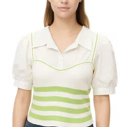 icw Casual Puff Sleeves Striped Women Green Top-picture-31