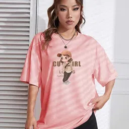 houseofcommon Women Self Design Round Neck Cotton Blend Pink T-Shirt-picture-15