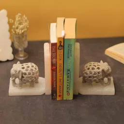 katkaria creations Elephant Set Of 2 White Soapstone & Marble Bookends image 1
