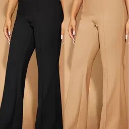 Pack of 2 Women Regular Fit Black, Beige Cotton Blend Trousers-image-7
