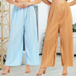 kwsh Pack of 2 Women Regular Fit Light Blue, Cream Viscose Rayon Trousers-picture-35
