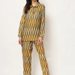 KALINI Geometric Printed Shirt Collar Long Sleeves Pure Cotton TopWith Trousers-picture-12