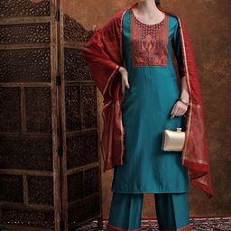 Vishudh Teal Green Paisley Printed Regular Kurta With Palazzos & Dupatta-picture-18