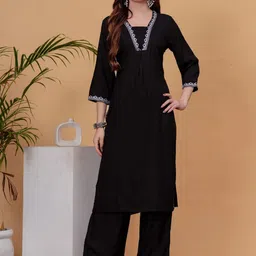 NEW4U Floral Embroidered Regular Straight Kurta With Palazzos image 3