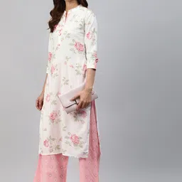 KALINI Floral Printed Mandarin Collar Pure Cotton Kurta with Palazzos image 4