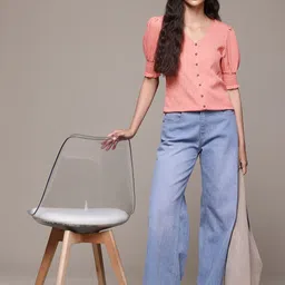 Roadster Puff Sleeves Smocked Crepe Longline Top image 5