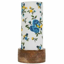 new era Blue Floral Cotton Fabric Shade Table Lamp With Wood Base image 4