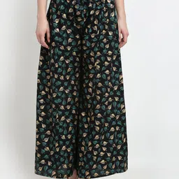 Jinfo Women Black & Gold-Toned Printed Flared Knitted Ethnic Palazzos-image-15