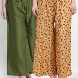 GRACIT Women Green & Brown Set of 2 Floral Printed Flared Ethnic Palazzos-picture-29