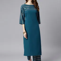 Janasya Women Teal Green & Golden Striped Yoke Design Kurta with Palazzos-picture-6