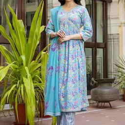 GLAM ROOTS Women Floral Printed Empire Pure Cotton Kurta with Palazzos & With Dupatta image 1