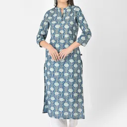 Pistaa Women Blue & White Floral Printed Pure Cotton Kurta Palazzos Set-picture-25