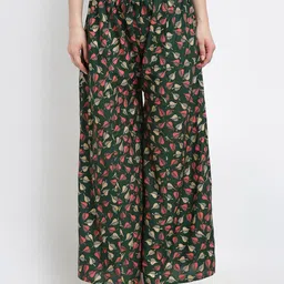 Jinfo Women Set Of 2 Black & Green Floral Printed Flared Ethnic Palazzos image 5