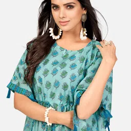 vbuyz KALINI Turquoise Blue Floral Printed Kaftan Kurta with Trousers image 2