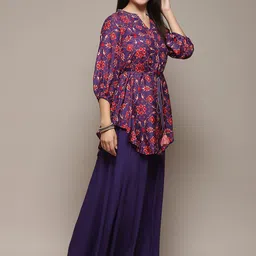 Biba Ethnic Motifs Printed Band Collar Tie-Up A-Line Kurta With Palazzos image 4