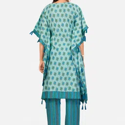 vbuyz KALINI Turquoise Blue Floral Printed Kaftan Kurta with Trousers image 5