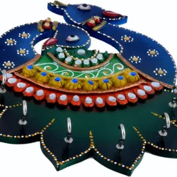 janki Handicraft Wooden Peacock Rajasthani Kundan Art Work key holder key stand Wood Key Holder image 5