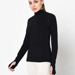 metronaut Solid Women High Neck Cotton Blend Black T-Shirt image 2