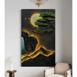 artociti 5X3 Feet Modern Abstract Mountain Tree and Sun 3d Relief Mural Wall Art With Led Light image 3