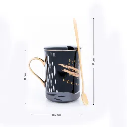 GIBOX Printed Coffee Mug with Lid & Spoon Black Large Ceramic Mug with Stirrer for Tea Coffee Lover 400ml Aesthetic image 2