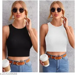 Pack of 2 Casual Sleeveless Solid Women White, Black Top-image-38