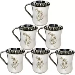q4s Pack of 6 Stainless Steel Laser Print Stainless Steel Tea/Coffee/Milk Mugs (180 ml) image 1