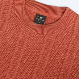 flying machine Men Solid Round Neck Orange Sweater image 3