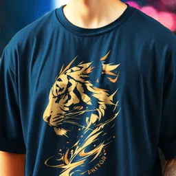 enitor Oversized | Loosefit Men Printed Round Neck Cotton Blend Dark Blue T-Shirt image 5