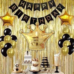 hbd Happy Birthday Party Decoration Combo Kit BLACK AND GOLDEN For Boys & Girls Balloon Bouquet (Pack of 35) Star Foil Balloons Gold and Black Balloons with Crown Gold and Golden Curtain (Pack of 35)-picture-18