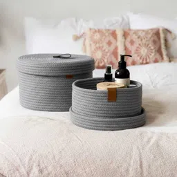 baylal Cotton Premium Rope Storage Basket Set of 2 with Lid & PU Leather Handle Storage Basket image 5