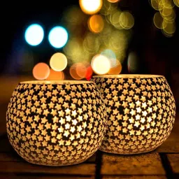 the purple tree Multicolor Aluminium Glass Mosaic Diwali T-Light Holders (Pack of 2) image 1