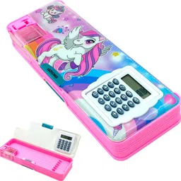 Inbuilt Calculator & Sharpener Pencil Box for Birthday Return Gift Dual Compartment and Magnetic Lock, UNICORN Art Plastic Pencil Box-image-3