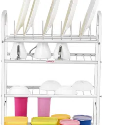 pla Utensil Kitchen Rack Stainless Steel 4 Shelf Wall Mount Kitchen Utensils Rack | Dish Rack with Plate & Cutlery Stand | Modular Kitchen Storage Rack | Kitchen Organizer (24x18 inches) Steel image 4