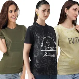 shaun Pack of 3 Women Self Design Round Neck Polyester Multicolor T-Shirt image 3