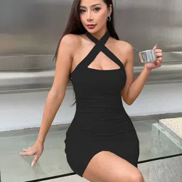 lime Women Bodycon Black Above Knee/Mid Thigh Length Dress image 1