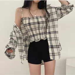 bnk Women Regular Fit Checkered Mandarin Collar Casual Shirt-picture-24