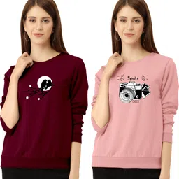 zentworld Pack of 2 Women Printed Round Neck Cotton Blend Maroon, Beige T-Shirt-picture-22