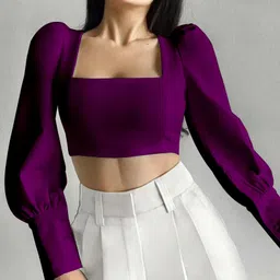 rajovati Casual Balloon Sleeve Solid Women Purple Top image 2