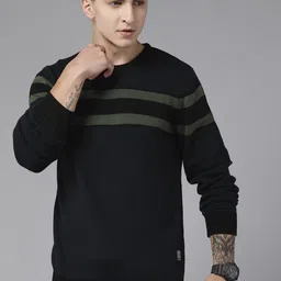 roadster Men Striped Round Neck Blue, Green Sweater image 3