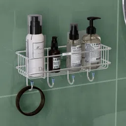 Self-Adhesive Multipurpose Bathroom Shelf with Hooks/Towel Holder for Bathroom Stainless Steel Wall Shelf-image-4