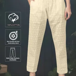 tanushk Women Relaxed Cream Pure Cotton Trousers-picture-28