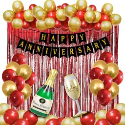 Solid Happy Anniversary Banner Combo with Foil Curtain , Champagne Foil , Metallic Balloon & Curling Ribbon for Anniversary Party Decorations / Wedding Anniversary Decoration Items Letter Balloon-image-30