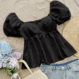 gusaiji fashion Casual Puff Sleeves Solid Women Black Top-picture-26