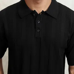 highlander Men Self Design Polo Neck Pure Cotton Black T-Shirt image 5