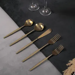 greetwood Stainless Steel Cutlery Set | 5 Piece - 1 Knife,2 Forks,2 Spoons | Gold & Cream Stainless Steel Cutlery Set-picture-18
