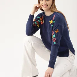 dressberry Women Self Design Round Neck Blue Sweater-picture-10