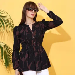 honky tonky Casual Bishop Sleeve Printed Women Black, Brown Top-picture-10