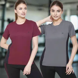 white moon Pack of 2 Women Solid Round Neck Polyester Multicolor T-Shirt-picture-22