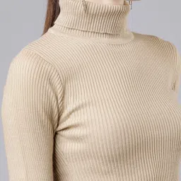 tokyo talkies Women Solid Turtle Neck Beige Sweater image 5